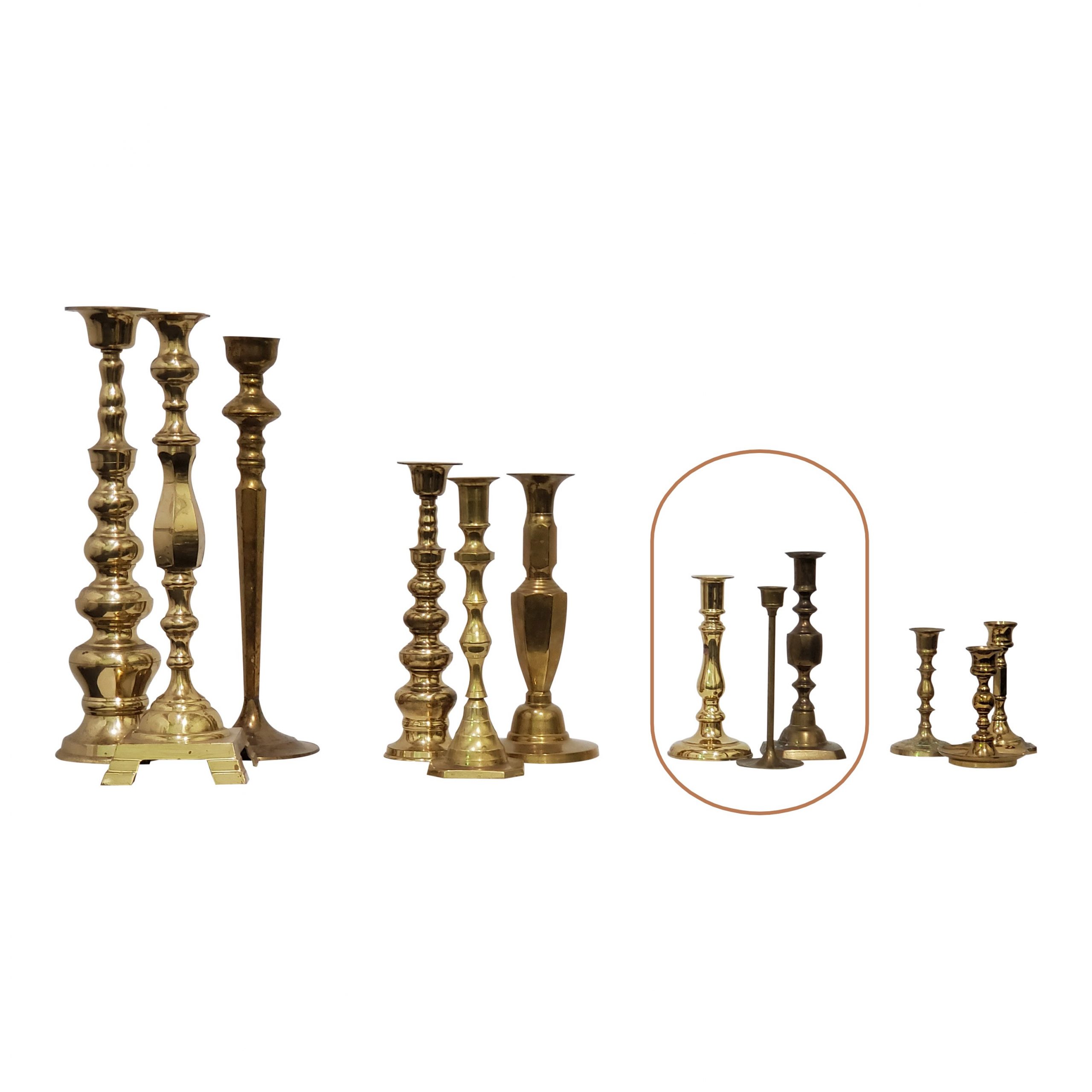 Mismatched Medium Brass Candlesticks - Violet Vintage Rental