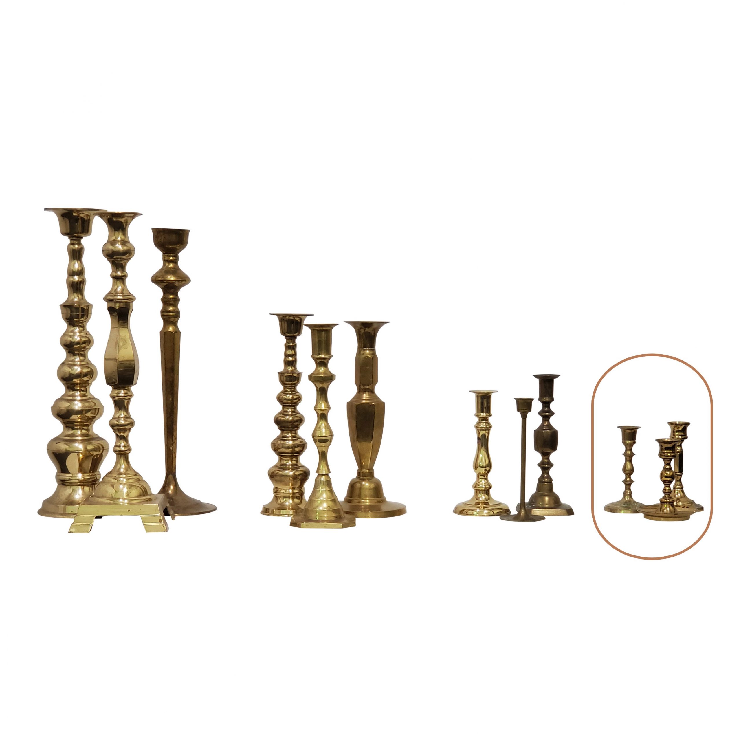 Rent Mismatched Small Brass Candlesticks