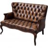 Brown leather loveseat with a highback. Tufted on both the back and seat. Curved brown legs.