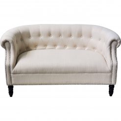 off white love seat with tufted buttons along the back, 1 cushion on the seat, nailhead trim on the arms, and brown legs. Front view.