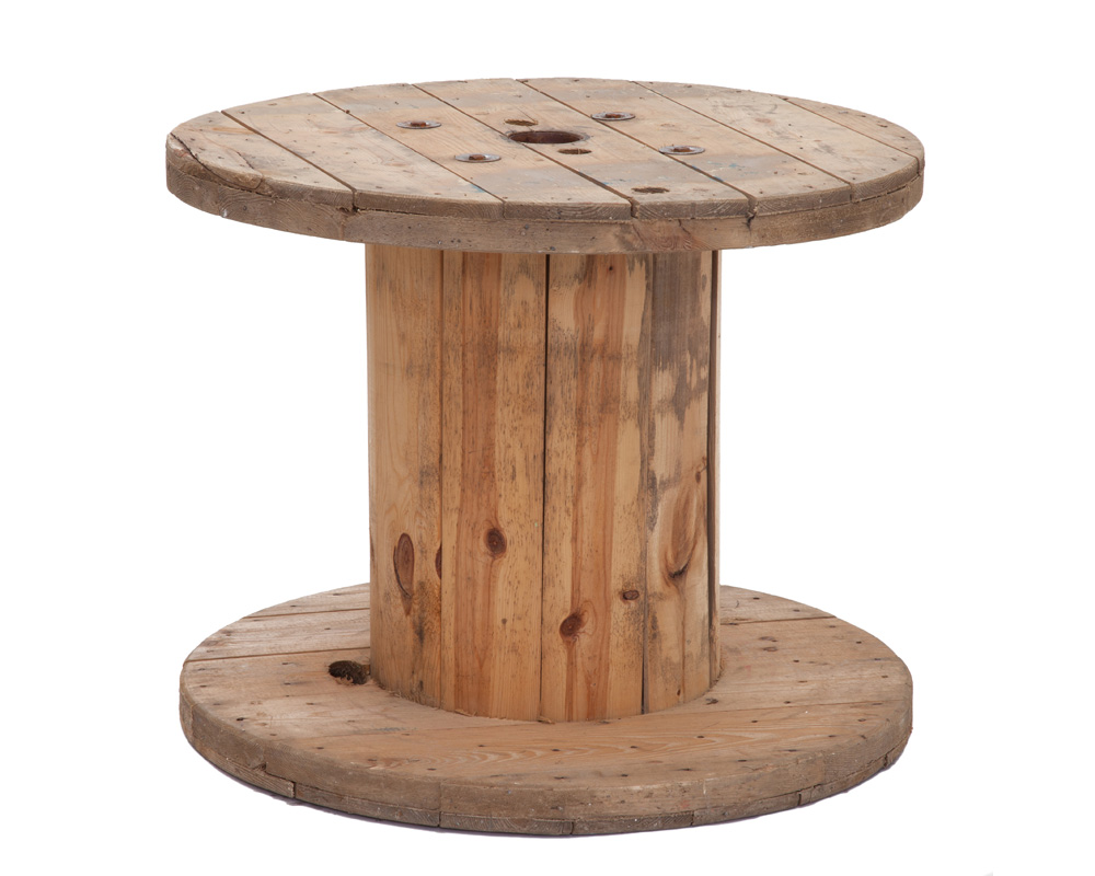 Homemade Wooden Spool Table- Oak top w/ drink bucket (pine/poplar stand)