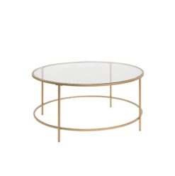 Circular glass top coffee table with gold frame and legs