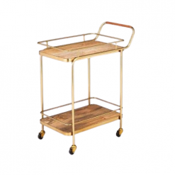 Gold metal bar cart with two wooden shelves