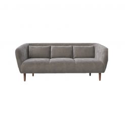 Gray velvet modern sofa with three pillows and cushions. Brown wooden legs