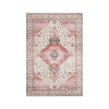 Soft pink rug with pink diamond center and white space and a pink border.