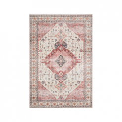 Soft pink rug with pink diamond center and white space and a pink border.