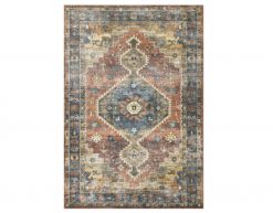 Area rug with a faded blue medallion and rust and brown surrounding hues
