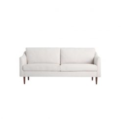 Off white modern sofa with clean lines, two cushions and wooden legs