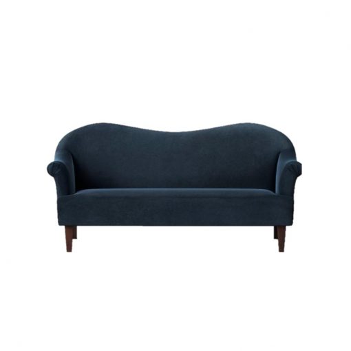 Navy blue velvet sofa with a wavy back and wooden legs