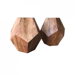 Image of two wooden geometical side tables with flat tops. Brown stain.