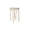 Round end table with a white marble top and gold criss-cross steel legs.