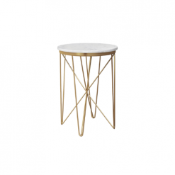 Round end table with a white marble top and gold criss-cross steel legs.