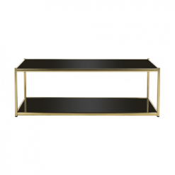 Rectangular coffee table with straight lines in a gold frame and two levels of black glass shelves