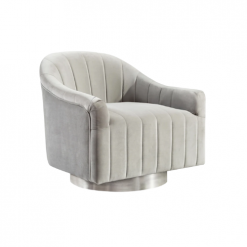 Light gray velvet swivel barrel chair with silver swivel base