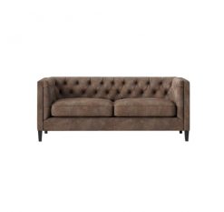 Modern brown leather sofa with a slightly distressed look. Tufted back