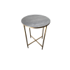 Side table with round white/grey marble top on a gold metal base with 4 legs that cross at the bottom.