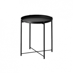 Black modern accent table with a round top, and 4 legs that are connected at the base with an X.