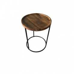 Round side table with a stained wooden top and 3 black metal legs that meet at the bottom on a black metal circle.