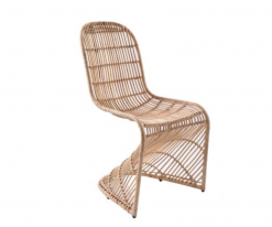 Woven rattan in a neutral wooden shade, the chair is an S shape.