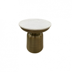 Brass gold drum round side table with a white round marble top