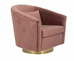 Dusty rose velvet tub chair. Gold swivel base and quilted accent on the back
