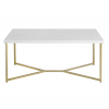 Rectangular coffee table with white marble top and 4 gold legs tapering to a Y at the base