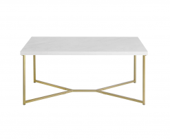 Rectangular coffee table with white marble top and 4 gold legs tapering to a Y at the base