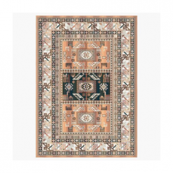 Area rug with geometric patterns in rust, tangerine, and blue colors.