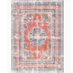 Rust and blue hues in this rug with a medallion and border
