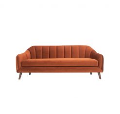 Burnt orange modern sofa with velvet fabric. Single cushion on the seat and pleating on the back.