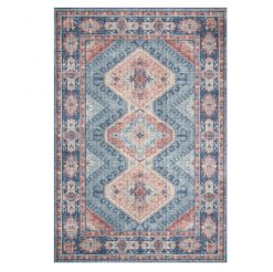 Area rug with 3 coral colored designs surrounded by blue and a multi-colored border