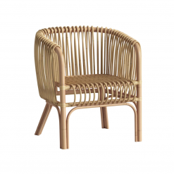 Barrel chair rattan armchair with vertical cain around the back, arms, and seat
