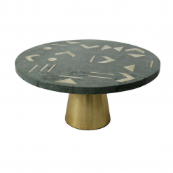 Green marble with gold geometric designs inlaid in marble. Gold pedestal