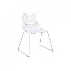 Modern White wire metal chair with a rectangle spider web type design in the back
