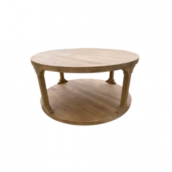 Solid wood round coffee table with a circle on the top and a solid circle on the bottom and four wooden legs connecting the two