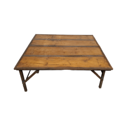 Wooden square low boho table with metal edging. Vintage