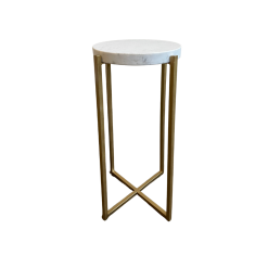 Tall and skinny side table with round white marble top and gold clean lines for the legs coming to an X at the bottom.