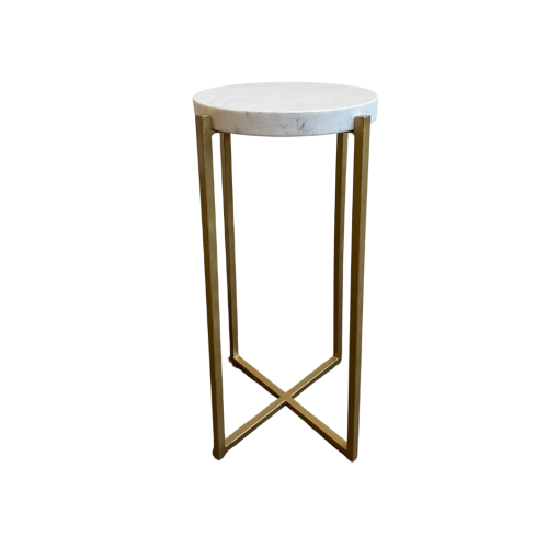 Tall and skinny side table with round white marble top and gold clean lines for the legs coming to an X at the bottom.