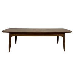 Brown mid-century modern rectangular coffee table. Soft rounded corners.