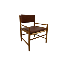 Light wood chair with faux leather cushions on seat and back.