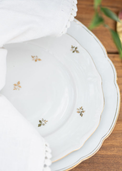 Close up on mismatched white plates with gold decoration. Dinner plate with salad plate on top. White napkin