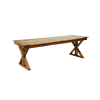 Solid wood farm table in a neutral stain. Cross legs making a stylish X at each end.