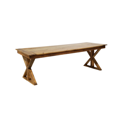 Solid wood farm table in a neutral stain. Cross legs making a stylish X at each end.