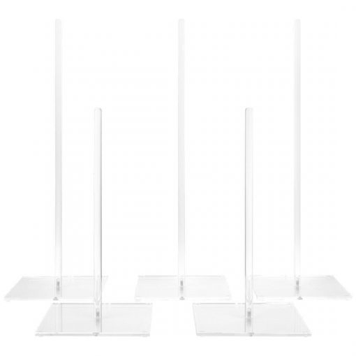 5 clear acrylic donut stands ranging from 10 inches to 15 inches.