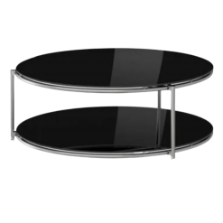 Round coffee table with two tiers of black glass. Silver frame around each circle and silver vertical poles