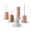 5 clear acrylic donut stands of various heights. Photo is of the stands in use with donuts.