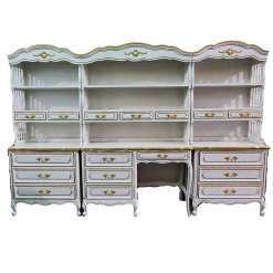 Vintage dresser with hutch for use as a bar. Painted with with find gold detailing.