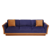 Purple boxy velvet sofa with tan edging, tan velvet base. Matching tan pillows are removable