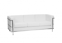 White leather boxy sofa with three cushions. Silver metal frame around the arms with 3 bars. Silver legs.