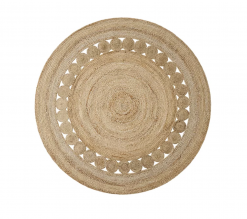 Natural jute rug - round. Solid center with small circles about 3 quarters of the way out surrounded with another layer of solid jute.